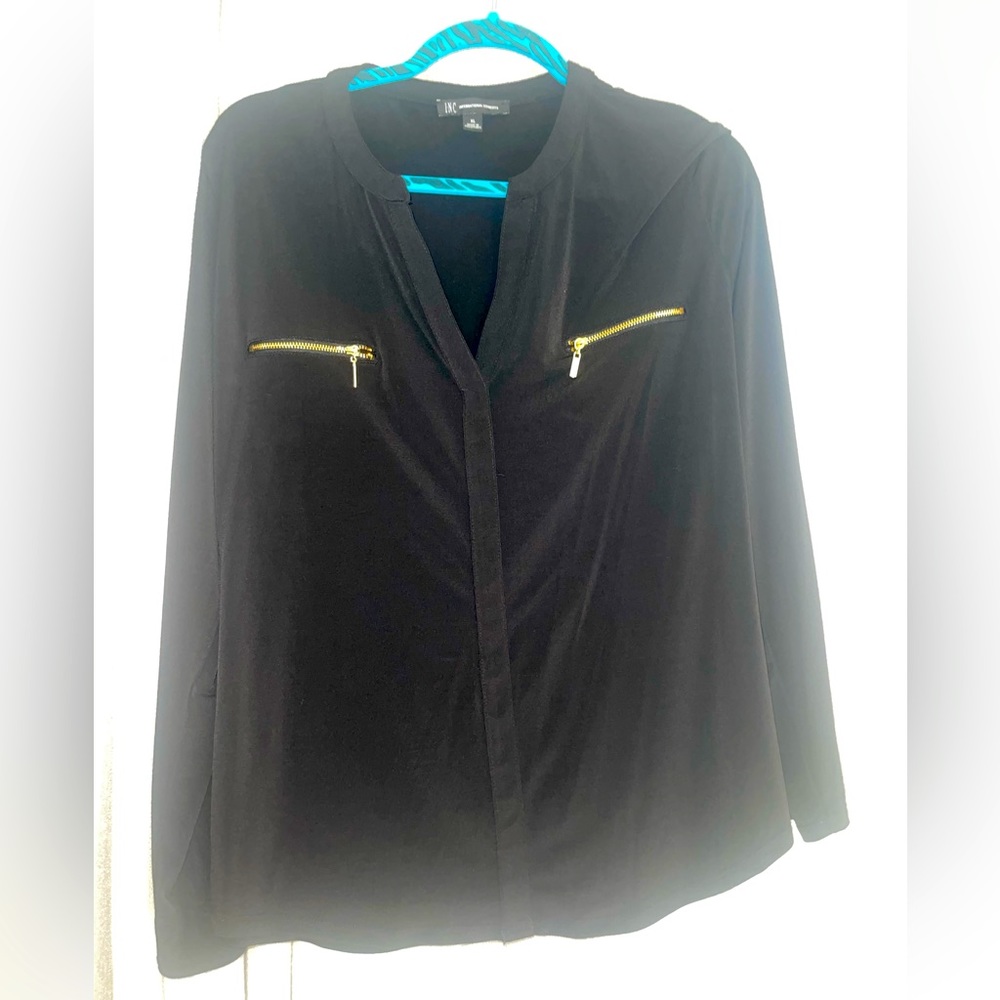 Macys INC black blouse with gold zippers size XL